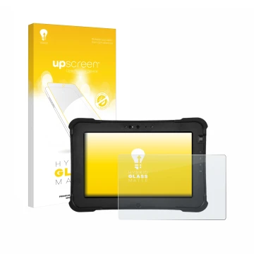 Vorderseite einer Produktverpackung mit dem Markenlogo upscreen. Daneben ist das Gerät Zebra XSlate L10ax mit dem zugehörigen 