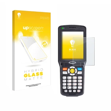 Vorderseite einer Produktverpackung mit dem Markenlogo upscreen. Daneben ist das Gerät Unitech HT510A mit dem zugehörigen Disp