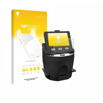 Vorderseite einer Produktverpackung mit dem Markenlogo upscreen. Daneben ist das Gerät Kodak SCANZA mit dem zugehörigen Displa