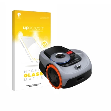 Vorderseite einer Produktverpackung mit dem Markenlogo upscreen. Daneben ist das Gerät Navimow i105E+ mit dem zugehörigen Disp