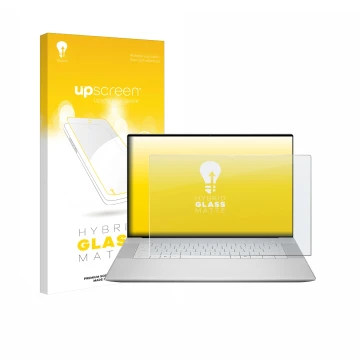 Vorderseite einer Produktverpackung mit dem Markenlogo upscreen. Daneben ist das Gerät Dell 16 Premium Laptop mit dem zugehöri