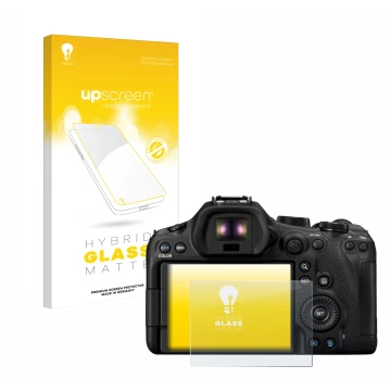 Vorderseite einer Produktverpackung mit dem Markenlogo upscreen. Daneben ist das Gerät Canon EOS R6 Mark III mit dem zugehörig