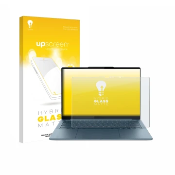 Vorderseite einer Produktverpackung mit dem Markenlogo upscreen. Daneben ist das Gerät Lenovo Yoga Slim 7 Gen 10 14