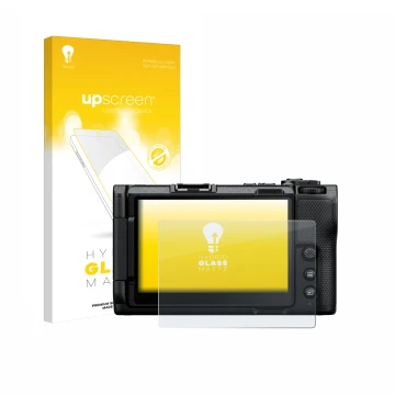 Vorderseite einer Produktverpackung mit dem Markenlogo upscreen. Daneben ist das Gerät Nikon ZR 2025 mit dem zugehörigen Displ