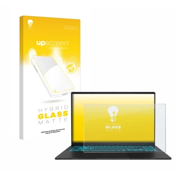 Vorderseite einer Produktverpackung mit dem Markenlogo upscreen. Daneben ist das Gerät ASUS V16 V3607 mit dem zugehörigen Disp
