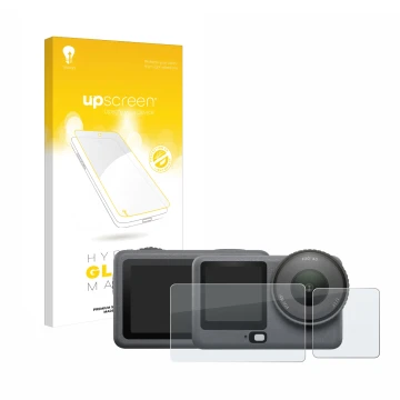 Vorderseite einer Produktverpackung mit dem Markenlogo upscreen. Daneben ist das Gerät DJI Osmo Action 6 mit dem zugehörigen D