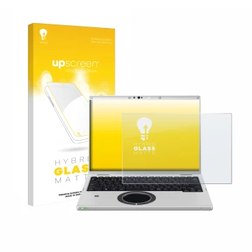 Vorderseite einer Produktverpackung mit dem Markenlogo upscreen. Daneben ist das Gerät Panasonic CF-FV3 mit dem zugehörigen Di