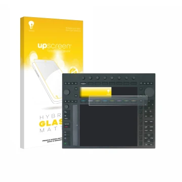 Vorderseite einer Produktverpackung mit dem Markenlogo upscreen. Daneben ist das Gerät Ableton Push 3 mit dem zugehörigen Disp