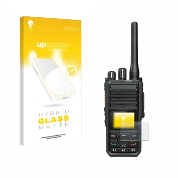 Vorderseite einer Produktverpackung mit dem Markenlogo upscreen. Daneben ist das Gerät Hytera HP565 mit dem zugehörigen Displa