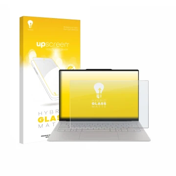 Vorderseite einer Produktverpackung mit dem Markenlogo upscreen. Daneben ist das Gerät Lenovo Yoga Slim 7i Ultra Gen 11 Aura E