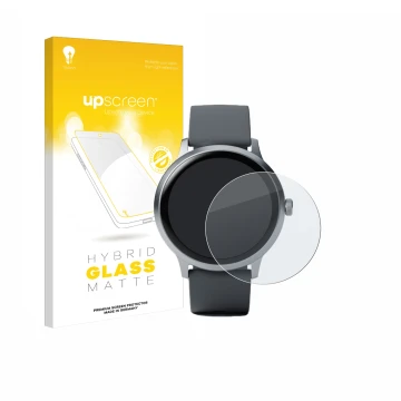 Vorderseite einer Produktverpackung mit dem Markenlogo upscreen. Daneben ist das Gerät Pebble Round 2 mit dem zugehörigen Disp