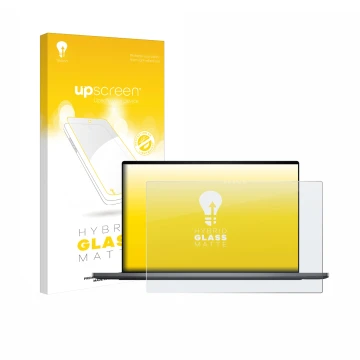 Vorderseite einer Produktverpackung mit dem Markenlogo upscreen. Daneben ist das Gerät Dell XPS 16 DA16260 mit dem zugehörigen