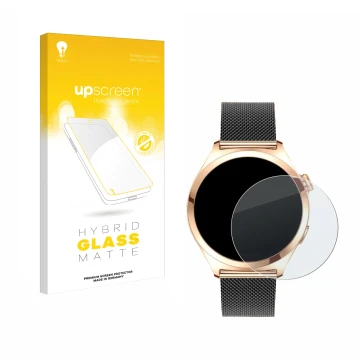Vorderseite einer Produktverpackung mit dem Markenlogo upscreen. Daneben ist das Gerät Niolina Smartwatch 1.27