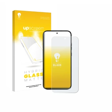 Vorderseite einer Produktverpackung mit dem Markenlogo upscreen. Daneben ist das Gerät Motorola Moto G77 mit dem zugehörigen D