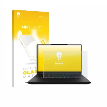 Vorderseite einer Produktverpackung mit dem Markenlogo upscreen. Daneben ist das Gerät XMG Apex 16 Max mit dem zugehörigen Dis