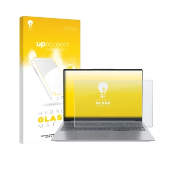 Vorderseite einer Produktverpackung mit dem Markenlogo upscreen. Daneben ist das Gerät Lenovo ThinkBook 16 Gen 7+ mit dem zuge