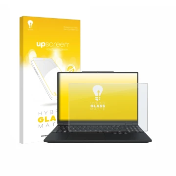 Vorderseite einer Produktverpackung mit dem Markenlogo upscreen. Daneben ist das Gerät Tuxedo InfinityBook Max 15 Gen 10 mit d