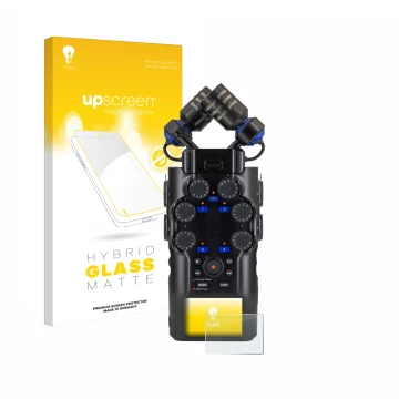 Vorderseite einer Produktverpackung mit dem Markenlogo upscreen. Daneben ist das Gerät Zoom H6 studio mit dem zugehörigen Disp