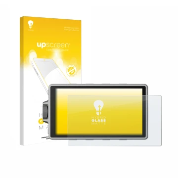 Vorderseite einer Produktverpackung mit dem Markenlogo upscreen. Daneben ist das Gerät DJI Ronin 4D mit dem zugehörigen Displa