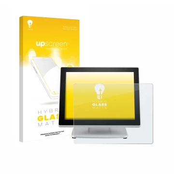 Vorderseite einer Produktverpackung mit dem Markenlogo upscreen. Daneben ist das Gerät Posiflex PS-3615-G2 mit dem zugehörigen