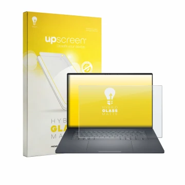 Vorderseite einer Produktverpackung mit dem Markenlogo upscreen. Daneben ist das Gerät Dell Pro Precision 7 Series 16 mit dem 