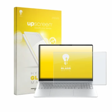 Vorderseite einer Produktverpackung mit dem Markenlogo upscreen. Daneben ist das Gerät HP OmniBook 3 16 16-bw0750ng mit dem zu