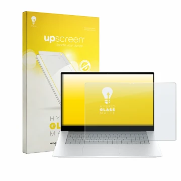 Vorderseite einer Produktverpackung mit dem Markenlogo upscreen. Daneben ist das Gerät HP OmniBook X 17-de0776ngx mit dem zuge