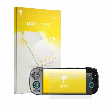 Vorderseite einer Produktverpackung mit dem Markenlogo upscreen. Daneben ist das Gerät Retroid Pocket 5 mit dem zugehörigen Di
