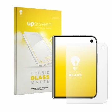 Vorderseite einer Produktverpackung mit dem Markenlogo upscreen. Daneben ist das Gerät Apple iPhone Duo mit dem zugehörigen Di