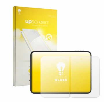 Vorderseite einer Produktverpackung mit dem Markenlogo upscreen. Daneben ist das Gerät Apple iPhone Duo (Inneres Display) mit 