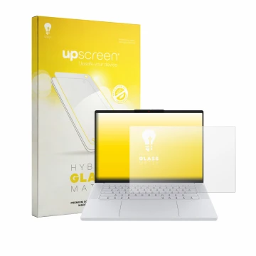 Vorderseite einer Produktverpackung mit dem Markenlogo upscreen. Daneben ist das Gerät Lenovo Googlebook 15 mit dem zugehörige