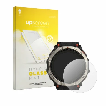 Vorderseite einer Produktverpackung mit dem Markenlogo upscreen. Daneben ist das Gerät Huami Amazfit T-Rex Dual Solar mit dem 