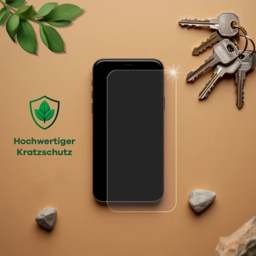 Gerät mit Schutzfolie, daneben Schlüssel, Steine, Blätter und Text „Hochwertiger Kratzschutz“ 