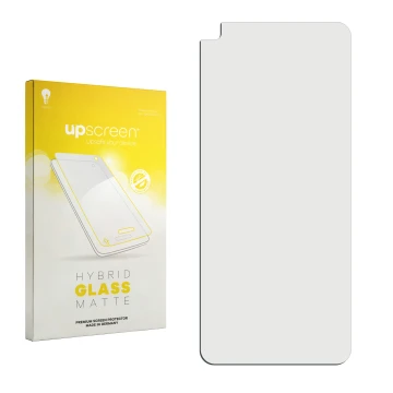 Vorderseite einer Produktverpackung mit dem Markenlogo upscreen. Daneben ist der zugehörige Displayschutz.