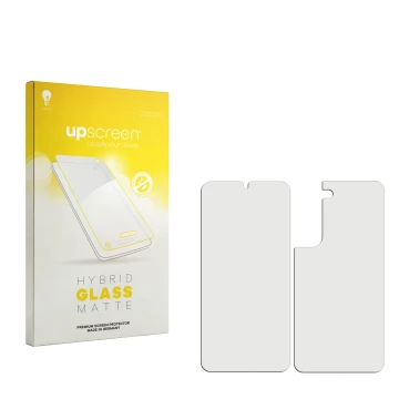Vorderseite einer Produktverpackung mit dem Markenlogo upscreen. Daneben ist der zugehörige Displayschutz.