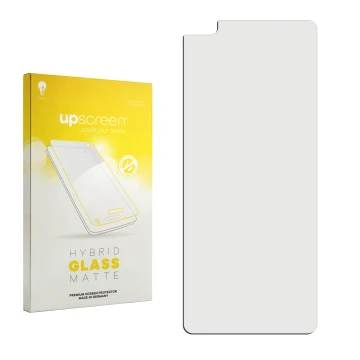 Vorderseite einer Produktverpackung mit dem Markenlogo upscreen. Daneben ist der zugehörige Displayschutz.