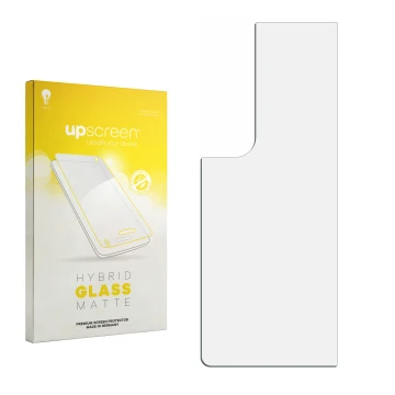 Vorderseite einer Produktverpackung mit dem Markenlogo upscreen. Daneben ist der zugehörige Displayschutz.