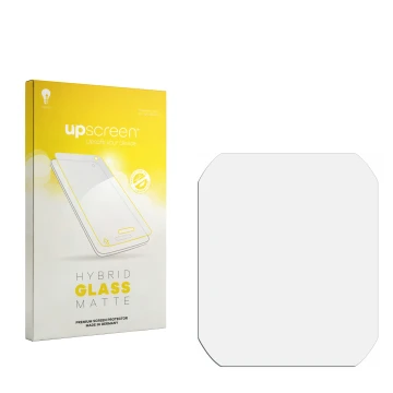 Vorderseite einer Produktverpackung mit dem Markenlogo upscreen. Daneben ist der zugehörige Displayschutz.