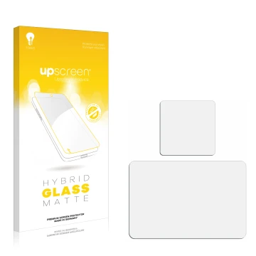 Vorderseite einer Produktverpackung mit dem Markenlogo upscreen. Daneben ist der zugehörige Displayschutz.