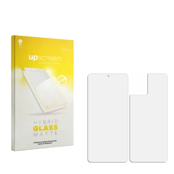 Vorderseite einer Produktverpackung mit dem Markenlogo upscreen. Daneben ist der zugehörige Displayschutz.
