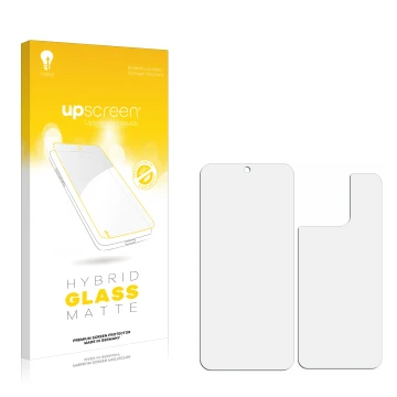 Vorderseite einer Produktverpackung mit dem Markenlogo upscreen. Daneben ist der zugehörige Displayschutz.