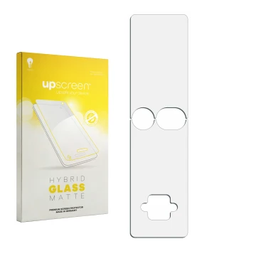 Vorderseite einer Produktverpackung mit dem Markenlogo upscreen. Daneben ist der zugehörige Displayschutz.
