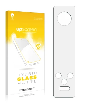 Vorderseite einer Produktverpackung mit dem Markenlogo upscreen. Daneben ist der zugehörige Displayschutz.