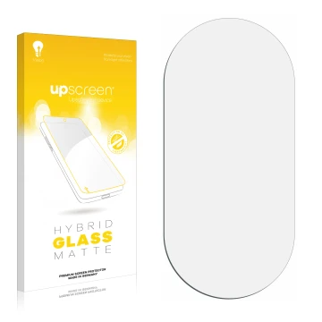 Vorderseite einer Produktverpackung mit dem Markenlogo upscreen. Daneben ist der zugehörige Displayschutz.