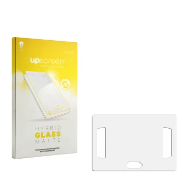 Vorderseite einer Produktverpackung mit dem Markenlogo upscreen. Daneben ist der zugehörige Displayschutz.