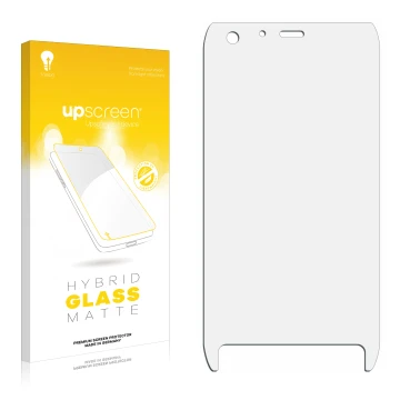 Vorderseite einer Produktverpackung mit dem Markenlogo upscreen. Daneben ist der zugehörige Displayschutz.