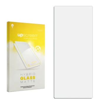 Vorderseite einer Produktverpackung mit dem Markenlogo upscreen. Daneben ist der zugehörige Displayschutz.