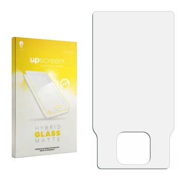 Vorderseite einer Produktverpackung mit dem Markenlogo upscreen. Daneben ist der zugehörige Displayschutz.