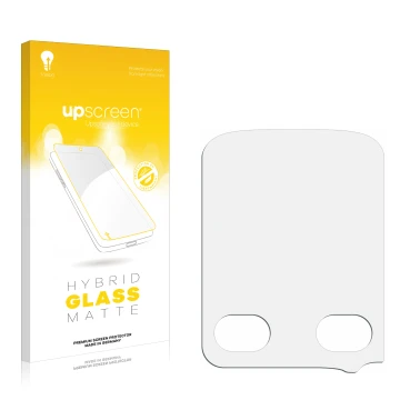 Vorderseite einer Produktverpackung mit dem Markenlogo upscreen. Daneben ist der zugehörige Displayschutz.