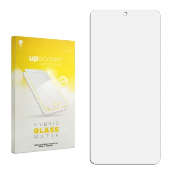 Vorderseite einer Produktverpackung mit dem Markenlogo upscreen. Daneben ist der zugehörige Displayschutz.